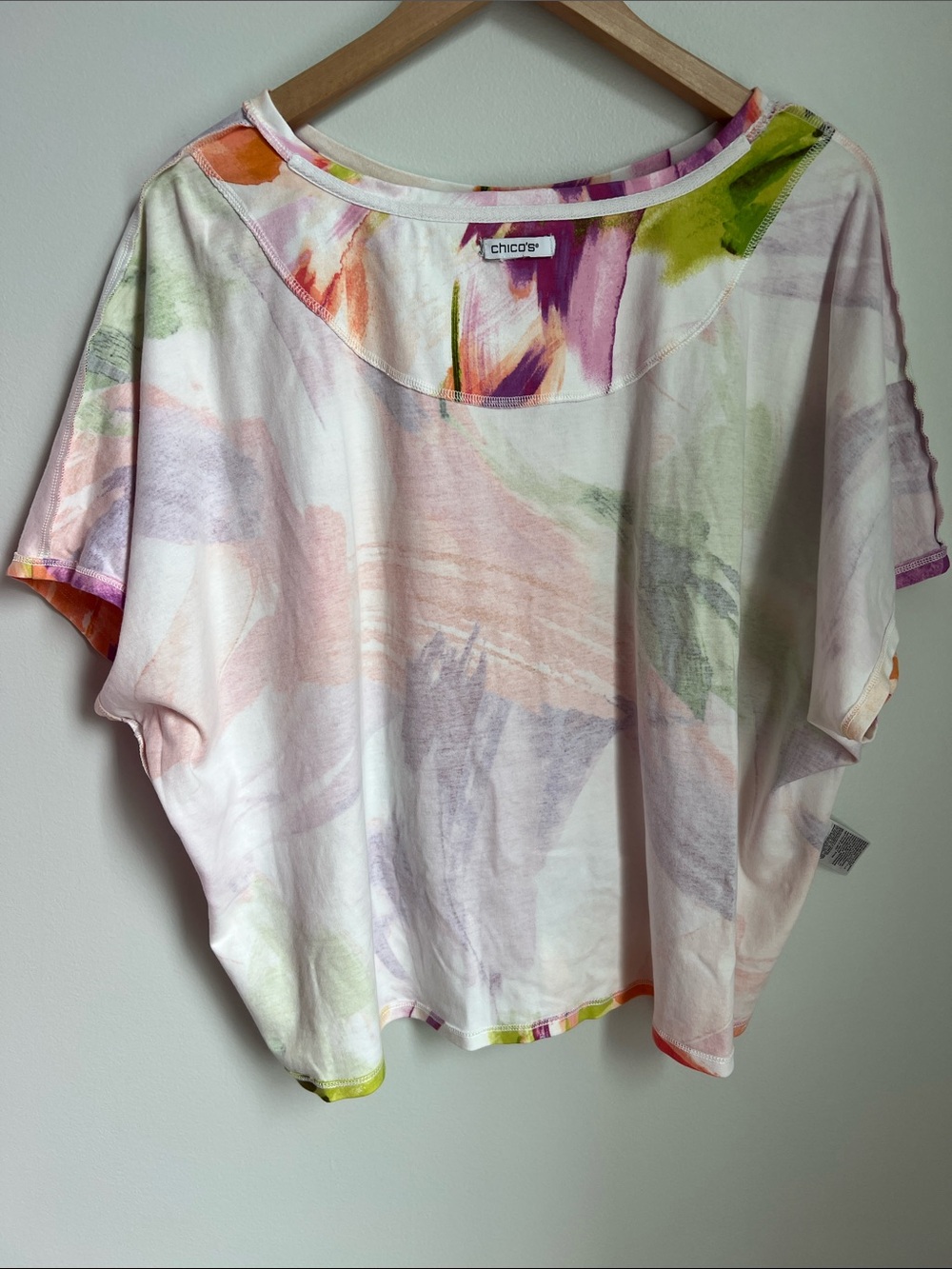Chico's | White Boxy Tie-Front Cotton Top Pink Green Orange Brushstrokes Sz 3 - Picture 12 of 17